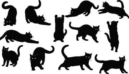Black silhouettes of cats set in various poses including walking jumping and stretching isolated on white background, domestic feline collection © Md