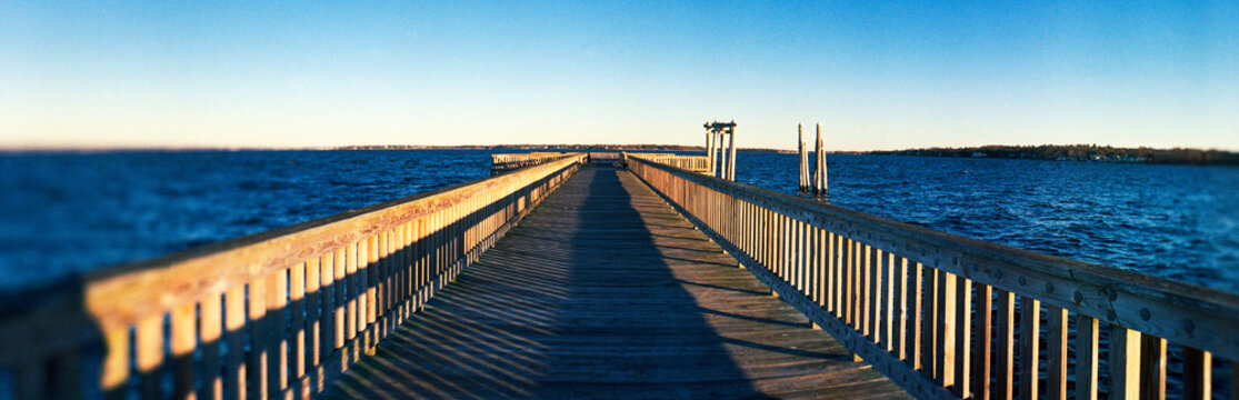 Panoramic view of pier in Colt State Park, Bristol, Rhode Island, New England