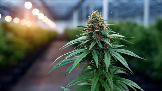 Cannabis plant with dense buds and vibrant green leaves in a greenhouse, illuminated by soft lighting, showcasing a lush growth environment with rows of similar plants in the background