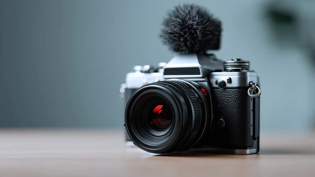 Camera with microphone on top positioned on a wooden table, showcasing the lens and body details, with a blurred background creating a professional photography setting