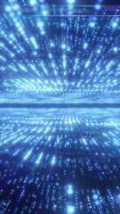 Fototapeta premium Glowing blue digital light field with particles streaming toward a horizon line, futuristic data landscape background with motion and depth