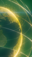 Obraz premium Abstract glowing Earth with golden data particles and orbital lines on a green background, symbolizing global connectivity, digital networks, and sustainable technology