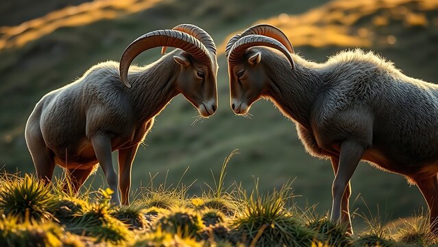 contenders. Two rams facing off on a grassy hillside before a clash. wildlife magazines, conservation campaigns, designed for wildlife conservation campaigns, used by government communicators.
