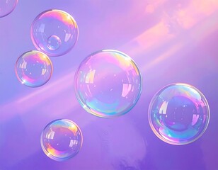 Iridescent Bubbles Floating in a Dreamy Purple Sky.