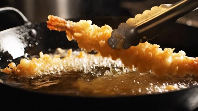 Close up of food frying in hot oil creating bubbles and splashes