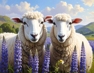 Two Sheep in a Field of Lupines on a Sunny Day.