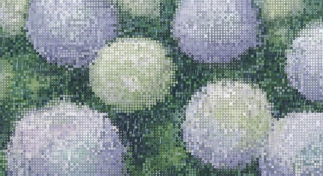 Floral shapes rendered in a digitized halftone pattern against a dark background