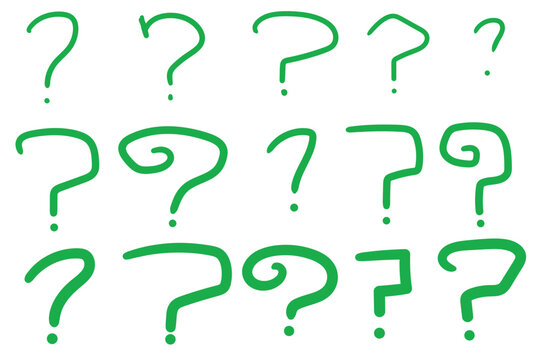 Hand-drawn doodle set of green question marks on a white background.