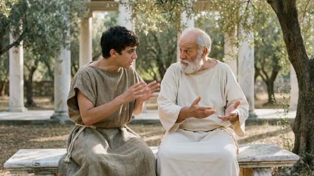 Ancient Greek philosopher teaching a young student in a garden. Elderly man and youth in tunics discussing philosophy near marble columns. Mentorship and education in classical antiquity concept