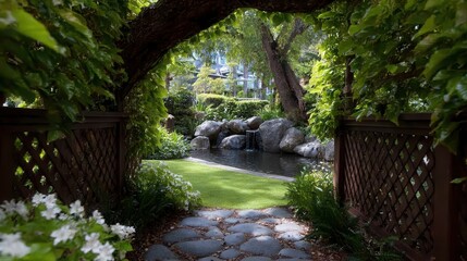 Fototapeta premium Serene garden pathway through lush greenery to peaceful pond