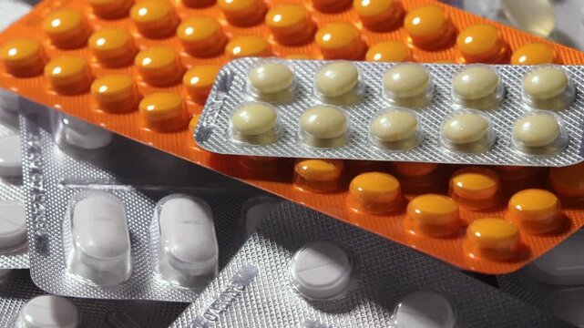 Close-up rotation reveals mixed blister packs with orange tablets, softgel capsules, beige pills, pink caplet in pharmacy mix
