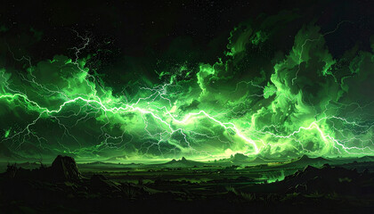 bright green neon lightning in the luminous sky