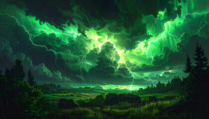 bright green neon lightning in the luminous sky