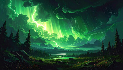bright green neon lightning in the luminous sky