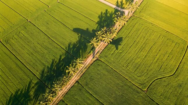 Aerial View of Green Rice Fields with Airplane Shadow on Sunny Day
