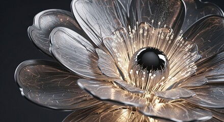 Obraz premium A close-up view of a delicate transparent flower with glowing golden center on a dark background