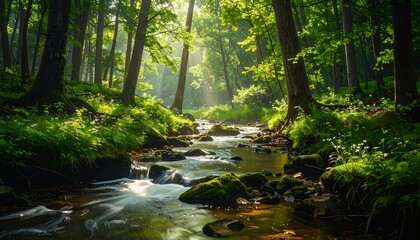 Obraz premium Sunlit Stream Flowing Through a Lush Green Forest Landscape.