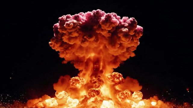 A cinematic mushroom cloud rising from a nuclear explosion, an atomic bomb detonation with a bright fiery blast and smoke expanding upwards