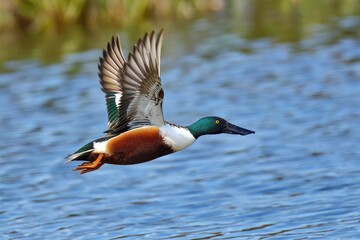 Obraz premium Northern shoveler Spatula clypeata soaring above water