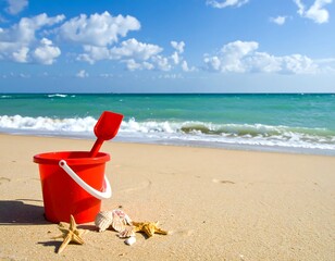 Beach day fun - Red bucket and shovel on the sand.