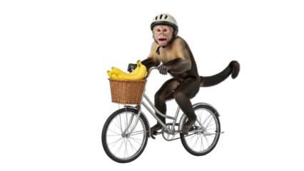 Capuchin Monkey Riding Bicycle with Banana Basket isolated PNG with Transparent Background