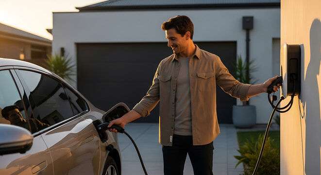 A man smiling while plugging an electric vehicle into a home charging station in a residential driveway.
