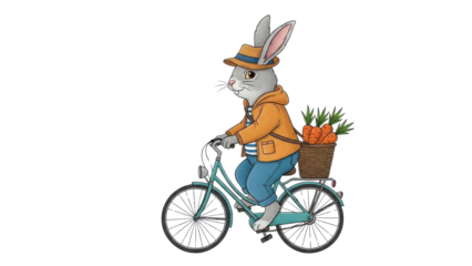 Cartoon Rabbit Riding Bicycle with Carrots in Basket isolated PNG with Transparent Background
