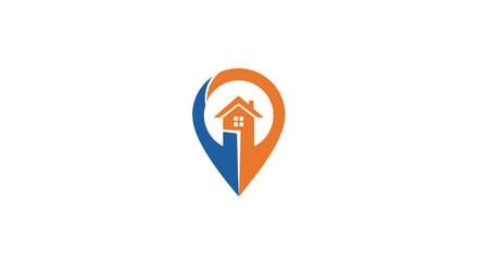 Modern home icon inside a location pin symbol, representing real estate services, property search, and home finding apps