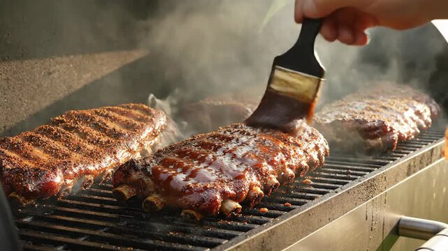 Grilled ribs smoking on a barbecue grate culinary cooking concept