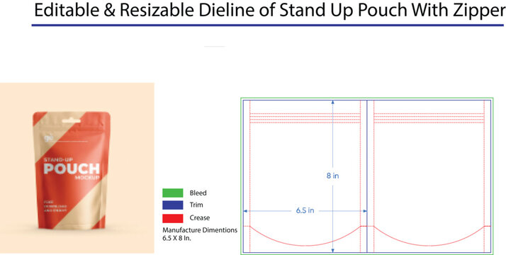 Editable Resizable Dieline of Stand Up Pouch With Zipper