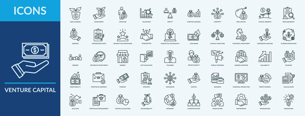 Venture Capital - Icon Collection. Thin Outline Lineal Set contains such Icons as equity, return on investment, earning and more. Simple web icons set