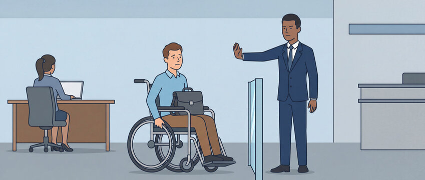 Workplace Discrimination Concept: Disabled Man in Wheelchair Denied Access or Facing Rejection at Office Entrance
