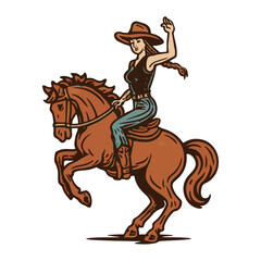 Fototapeta premium Retro Cowgirl Riding Horse Silhouette for Western Rodeo and Women-in-West Art Prints