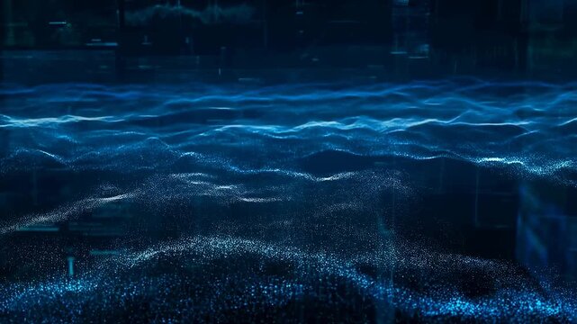 Abstract digital ocean waves with glowing particles. Represents technology, innovation, and the flow of data in a virtual environment