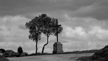Naklejka premium Italia panorami della Toscana in bianco e nero. Provincia di Siena,Val D'Orcia e Chianti Senese. Toscana, Italia 
