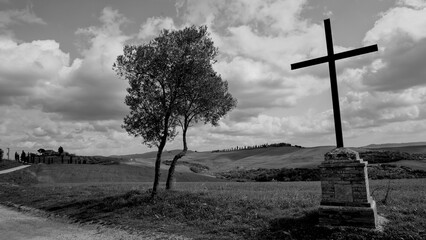 Naklejka premium Italia panorami della Toscana in bianco e nero. Provincia di Siena,Val D'Orcia e Chianti Senese. Toscana, Italia 