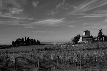 Naklejka premium Italia panorami della Toscana in bianco e nero. Provincia di Siena,Val D'Orcia e Chianti Senese. Toscana, Italia 