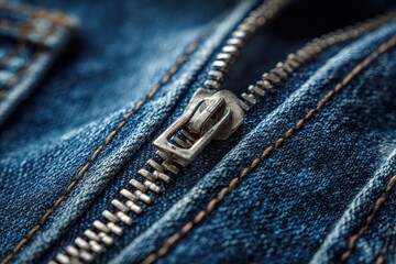 Partially unzipped blue jeans with a macro texture background