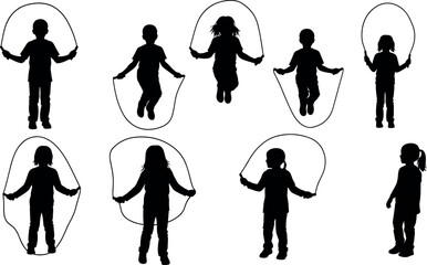 Obraz premium Children Skipping Rope Silhouette Set Featuring Active Kids Jumping, Physical Education Play, Healthy Lifestyle, Outdoor Exercise, and Fun,