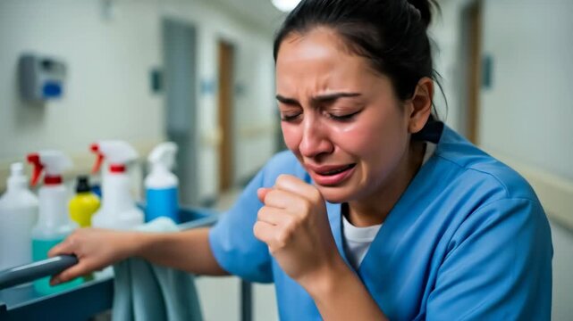 Caucasian woman crying and coughing intensely while pushing a cleaning cart in a hospital corridor, feeling unwell in medical footage.