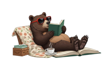 Cartoon Bear Wearing Heart Sunglasses Reading Book and Drinking Coffee isolated PNG with Transparent Background