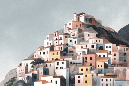 1960s illustrated postcard style, Amalfi hillside town, stacked pastel buildings, flat graphic forms, faded inks, lithograph travel illustration