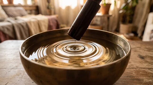 Close Up Of Bronze Singing Bowl Water Ripples On Wooden Table In Bright Room