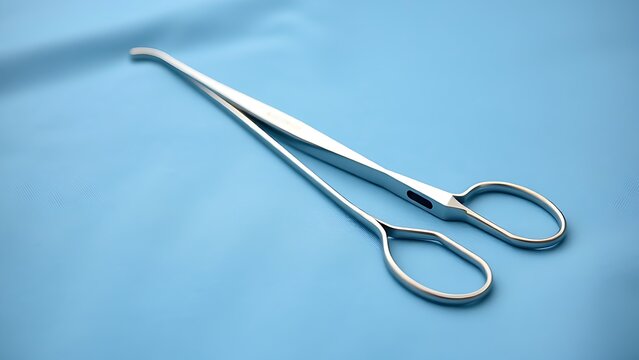 quintuple. A stainless steel hemostat on a blue surgical drape. STEM education sheets, lab safety posters, designed for biotech research communications, used by devops engineers.
