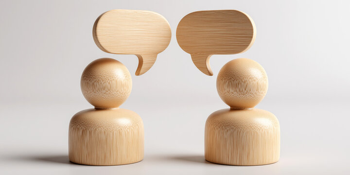 Minimalist and hyper-realistic image of two wooden pawns with speech bubbles symbolizing communication, dialogue, and human interaction, isolated on white background with copy space. Generative Ai.