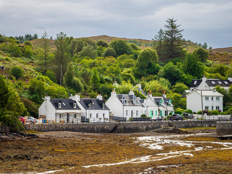 Plockton village coastal view with traditional cottages in Scotland