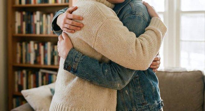 Mother's day warm hug between woman and child close up body detail