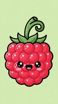 Cute cartoon raspberry with green leaves.