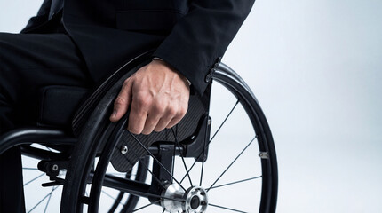 Fototapeta premium Close up of businessman sitting in wheelchair. Hand on wheel detail. Concept for disability employment, corporate inclusion, equal opportunity, and professional accessibility.