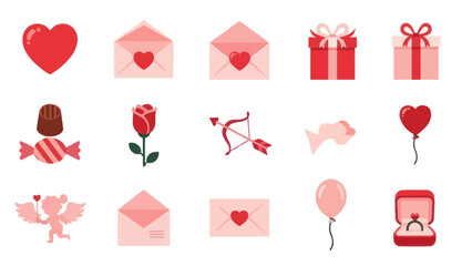 Valentine's Day Icons: Love Heart, Gift Box, Rose, Cupid, Ring, Envelope, Candy, Balloon